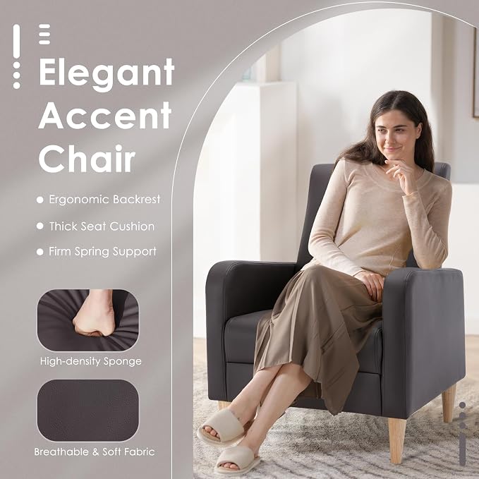 COLAMY Mid-Century Modern Accent Chair, Faux Leather Upholstered Living Room Chair with Back Pillow & Solid Wood Legs, Comfy Armchair for Living Room, Bedroom, Single Sofa, Dark Brown