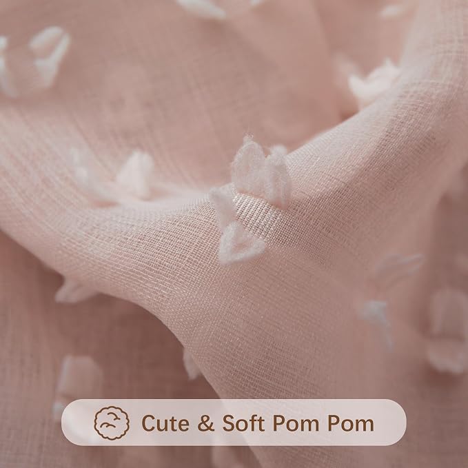 DANCURTON Sheer Pink Curtains 90 Inches Long 2 Panels Set Pom Pom Semi Sheer Drapes for Girls Room Kids Nursery Back Tab Rod Pocket Cute Polka Dot Curtains 90 Inch Length for Bedroom 52x90 Dusty Pink