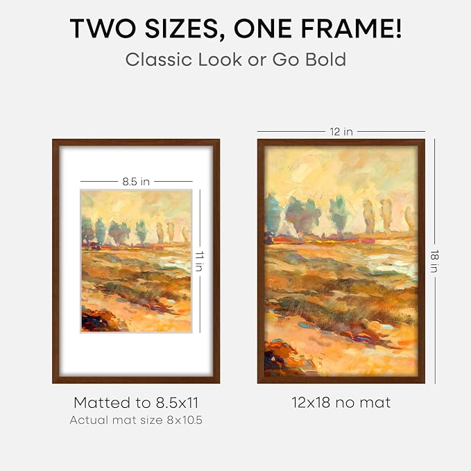 Homeforia 12 x 18 Walnut Wood Frame, High End Dark Oak 12x18 Brown Picture Frame with Mat 8.5x11 Photo, 12 x 18 Wooden Poster Frame Matted to 8.5 x 11, 18x12 Frames, Tempered Glass, Wall Kit, Set of 1