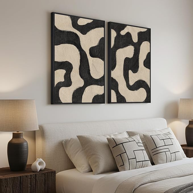 Framed Abstract Beige Black Wall Art for Living Room, Large Neutral Modern Canvas Artwork for Walls, Set of 2 Mid Century Elegant Picture Print for Bedroom Home Office Hallway Wall Decor, 24x36 Inch