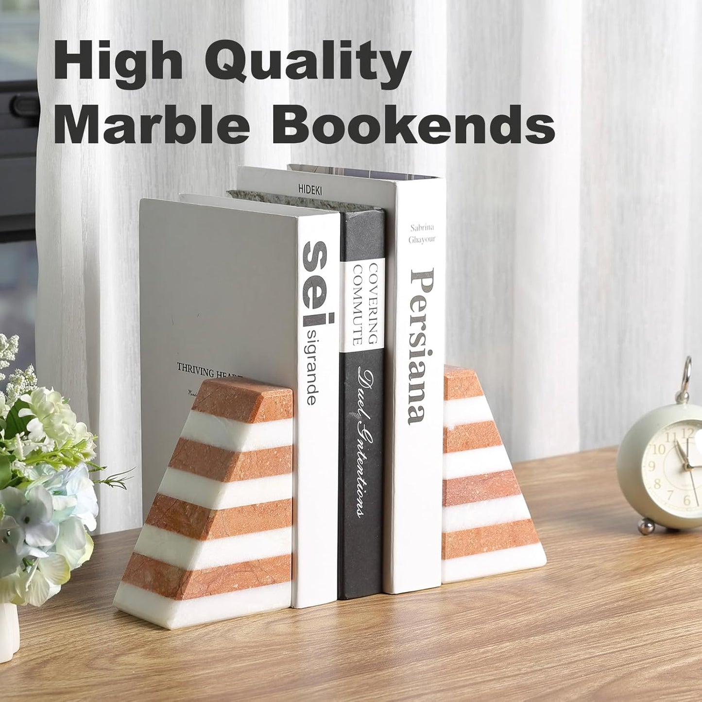 Marble Book Ends, Non-Skid Bookends for Shelves, Composite Bookend with Natural Stone, Heavy Duty Book Stopper, Collected CDs and Oversized Books Organizer, White & Red Decorative Bookends