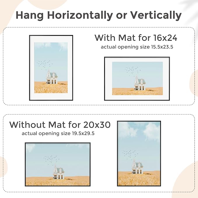 FLYJOE 20x30 Metal Picture Frame for Wall With Mat for 16x24, 20''x30'' Aluminum Photo Frames With Tempered Glass for Home Decor, Minimalist Modern Poster Frame Horizontal And Vertical Formats, Black