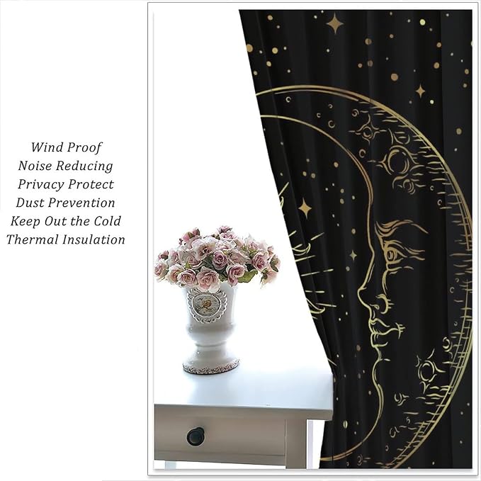 Gold Sun and Moon Blackout Windows Curtains, Fantasy Mandala Bohemian Universe Galaxy Printed Curtains, for Living Room Bedroom 42x63in 2 Panels