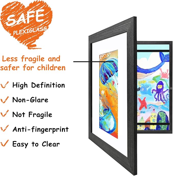 KINLINK 8.5x11 Kids Art Frame 2 Pack, Solid Wood Artwork Frames Changeable, Front Opening Hold 150 Pictures, Art Frames for Kids Artwork, 6x9 with Mat 8.5x11 without Mat, Picture Frames Black Wood