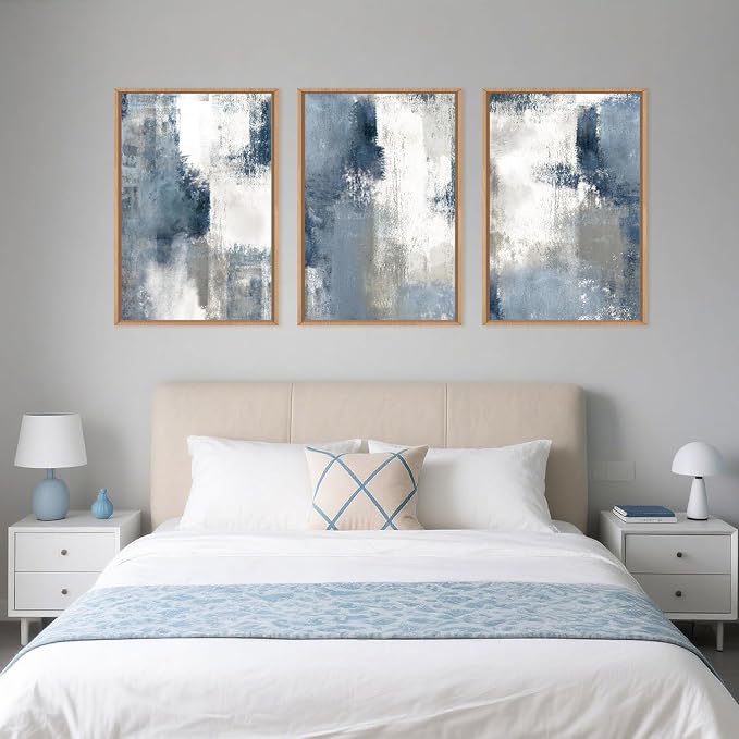 LHIUEM Large Abstract Brush Strokes Framed Canvas Wall Art Set,Navy Blue and Gray Wall Decor,Modern Color Block Shape Artwork,Minimalist Neutral Blue Printing for Living Room,Bedroom, Office-24''x36''x3