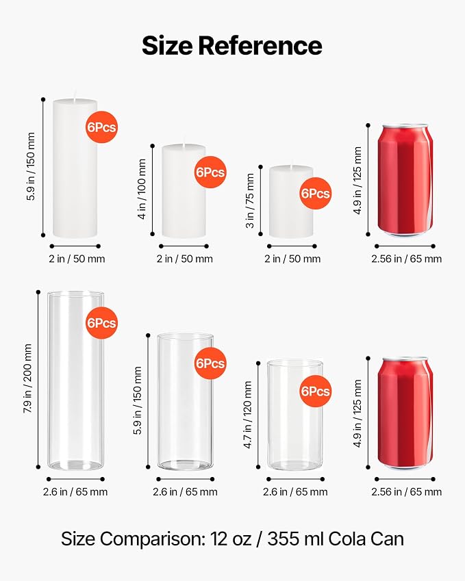 VEVOR Pillar Candles and Glass Vases Set 36 Pcs, Clear Cylinder Hurricane Candle Holders for Wedding Centerpieces, Tall Vase for Table Decor, Wedding Party, Thanksgiving,White (2.56" x 4.7",5.9",7.9")