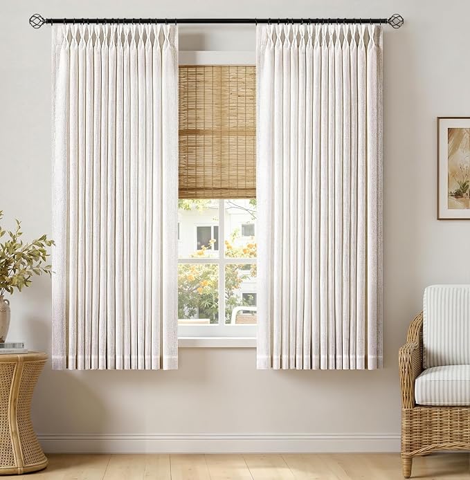 MIULEE Pinch Pleated Thick Linen Curtains 45 Inches Long 2 Panels for Kitchen Bedroom Basement, Linen Textured Memory Trained Drapes Pleat Back Tab Light Filtering Natural Small Short Window Curtains