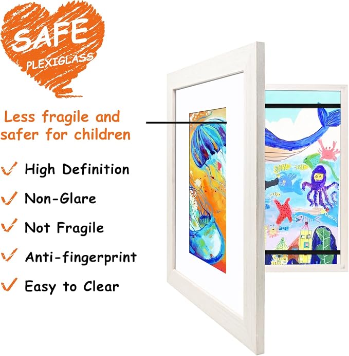 KINLINK 8.5x11 Kids Art Frame 2 Pack, Solid Wood Artwork Frames Changeable, Front Opening Hold 150 Pictures, Art Frames for Kids Artwork, 6x9 with Mat 8.5x11 without Mat, Picture Frames White Wood