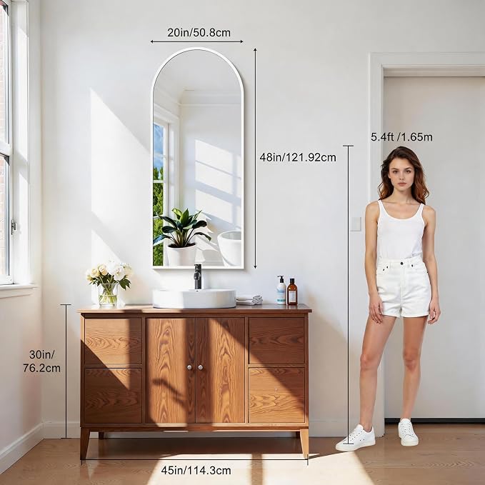 CIRCUMI Arched Wall Mirror, 20"x48" White Arched Mirror with Tempered Glass, Metal Frame, Large Size for Bathroom, Living Room,Entryway,Over Sink, Arch Mirror for Decor,Shatterproof&Crystal-Clear