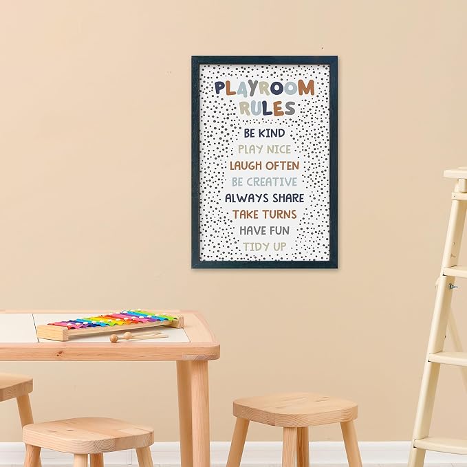 Playroom Rules Sign for Kids, 11x16 Black Wood Framed | Boho Neutral Polka Dot, Wall Decor