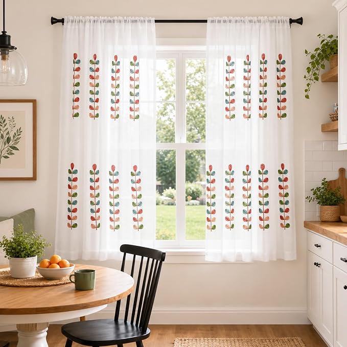 VOGOL Sheer Curtains 63 Inch Length, Colorful Leaves Embroidered White Sheer Window Treatments for Bedroom, Kitchen, Small Windows, W52 X L63, 2-Panel Pack