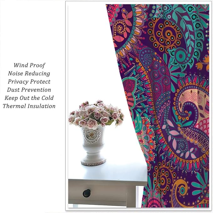 Vintage Bohemian Curtains, Indian Bohemian Mandala Colorful Pattern Blackout Thermal Curtains, Bedroom Living Room Curtains, 2 Panel Set, 72x63 in.