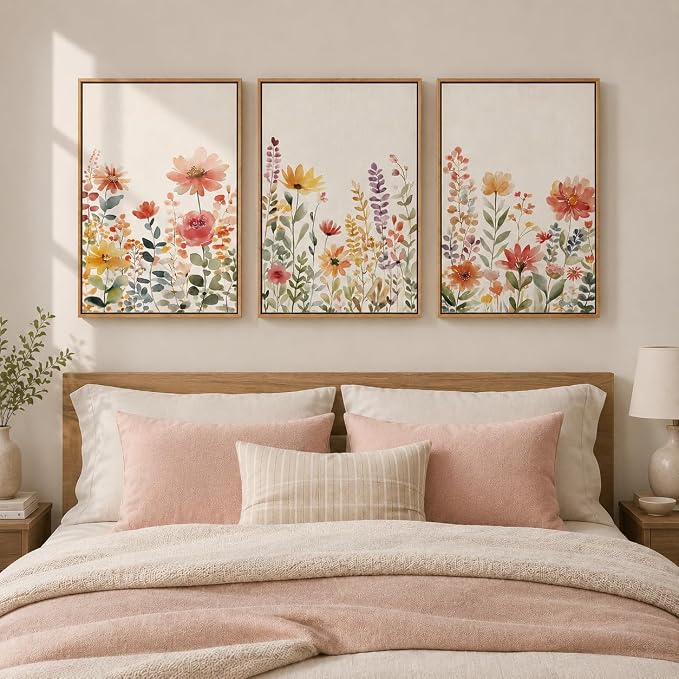 Framed Watercolor Botanical Wall Art for Bedroom, 3 Piece Colorful Floral Canvas Artwork for Walls, Large Farmhouse Wildflower Flower Prints Paintings for Living Room Entryway Wall Decor 16x24 Inch