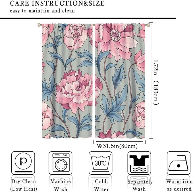 Floral Blackout Window Curtain, Flourish Ornamental Blossom Rose Style Print for Home Kitchen Livingroom Coffee Room Curtains Drapes 2 Panels 63x72in