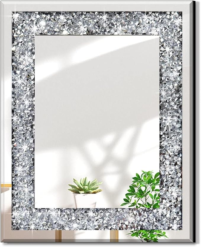 QMDECOR Crushed Diamond Mirror 16x20 Inch Silver Wall Decor