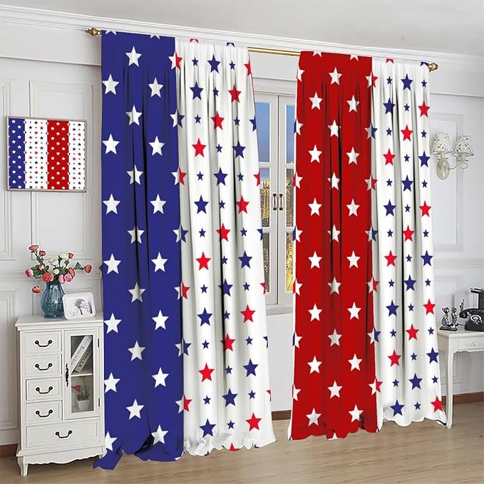 4th of July Curtain,Patriotic Stars Stripes Red White Blue Independence Day Drapes for Bedroom Living Room Kitchen Window Treatment 2 Panels Set Total Size 84" W X 84" L Inch
