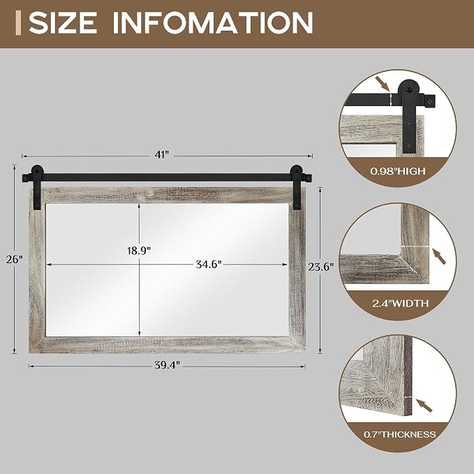 COGOOD Farmhouse Barn Door Mirror - 41" x 26" Rustic Wood Framed Wall Mirror for Bathroom, Living Room, Entryway Wall Decor (Yellow White)