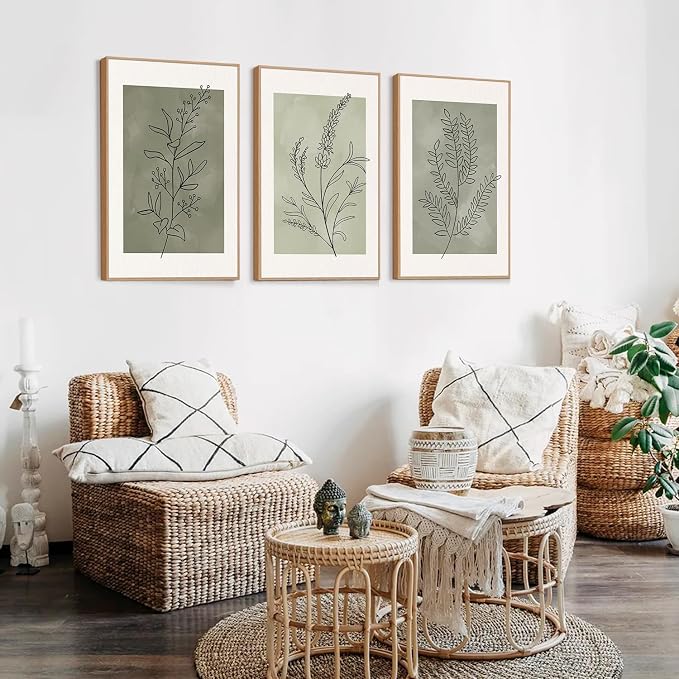 CHDITB Sage Green Botanical Framed Canvas Wall Art Set, Nature Line Art Wall Decor, Neutral Minimalist Floral Artwork, Boho Greenery Plant Flower Art Prints for Living Room, Bedroom, Office 24"x36"x3