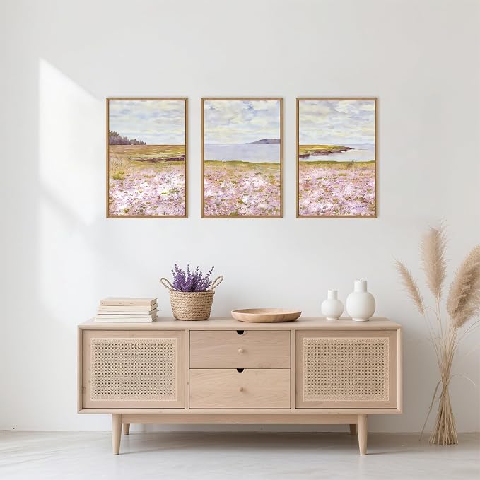 HOURIA Spring Watercolor Pink Floral Coastal Landscape Framed Canvas Wall Art Set,Nature Inspired Wildflower & Meadow Cottage Field Wall Decor,Modern Seaside Beach Artwork for Living Room,Farmhouse-24"x36"x3