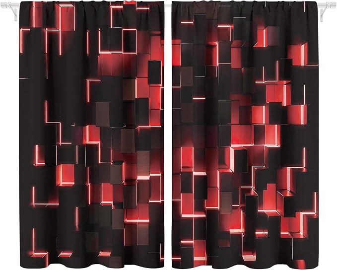 MESHELLY Abstract Red Black Curtains 42Wx45H Inch Rod Pocket Modern 3D Gradient Design Futuristic Geometric Cubes Bedroom Window Drapes Man Boys Printed Living Room Window Treatment Fabric 2 Panels