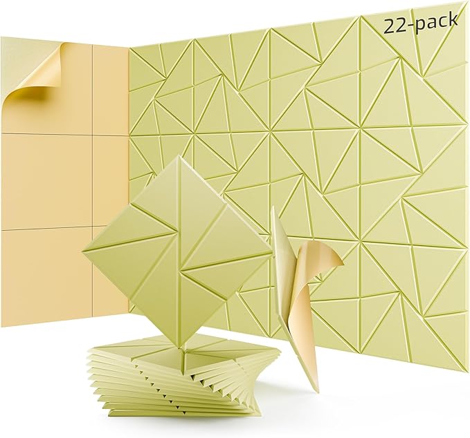22 Pack Acoustic Panels, Sound Proof Foam Panels for Walls, Self-Adhesive High Density Soundproof Wall Panels, 12" X 12" X 0.4", Sound Absorbing Panels for Home, Studio, Office (Pale Yellow)