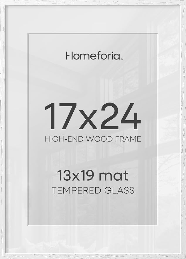 Homeforia 17x24 White Picture Frame, High End Oak 17x24 White Wooden Poster Frames with Mat 13x19 for Print, 17 x 24 Wood Frame Matted to 13 x 19 Photo, 24x17 Frame, Tempered Glass, Wall Kit, Set of 1