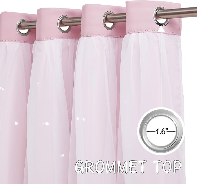 NICETOWN Pink Kids Curtains for Girls Bedroom, Nursery Star Hollow Out Blackout and Sheer Window Treatments with Grommet Top for Thanksgiving, 52 x 63 inches, Lavender Pink, Set of 2