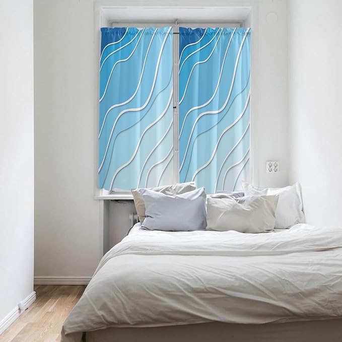 63 Inch Long Tier Curtains for Kitchen, Blue Ombre Abstract Sea Water Bathroom Window Curtains Rod Pocket Short Curtains Window Treatment Tiers for Living Room Farmhouse 2 Panels