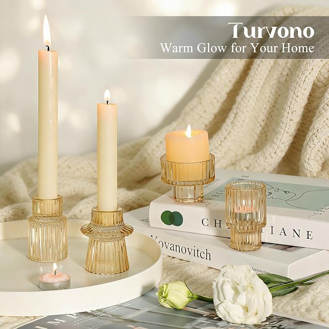Vintage Ribbed Amber Glass Candle Holders Set of 12, 3 Assorted Sizes for Pillar, Tealight & Votive Holders, Elegant Glass Candlestick Holders for Table Centerpiece Wedding Christmas Decor