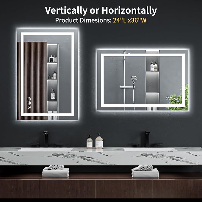 24"x36" LED Bathroom Mirror with Lights, Backlit + Front Lit with CRI>90, Lighted Mirror for Bathroom, Anti-Fog, Dimmable Brightness, 3 Colors, Memory Function, Shatterproof Tempered Glass