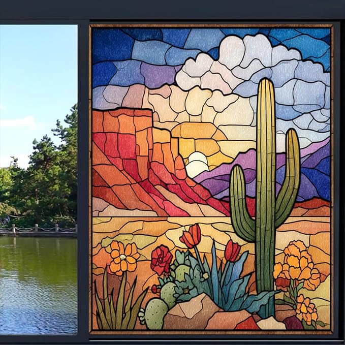 Colorful Desert Stained Glass Window Film, Artistic Cactus Landscape Peel and Stick Privacy Film, Frosted Adhesive Vinyl Decorative for Bathroom Windows Glass Doors, 19.7Wx31.5L inch