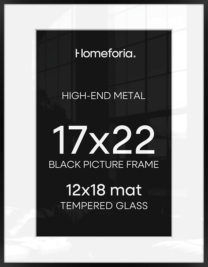 Homeforia 17x22 Picture Frame Black, High End Metal 17x22 Poster Frames with Mat 12x18 for Photo, 17 x 22 Black Frame Matted to 12 x 18 inch Print, 22x17 Thin Frame, Tempered Glass, Wall Kit, Set of 3