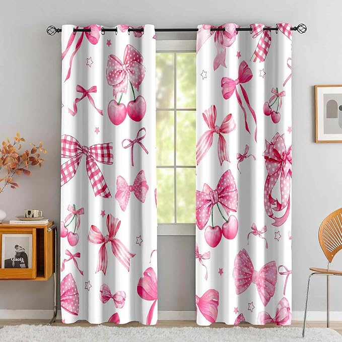 LUVIVIHOME Cute Cherry Blackout Curtains, White Pink Bow Curtains for Girls Bedroom Living Room, Aesthetic Bowknot Girly Preppy Coquette Room Decor, Grommet Window Drapes 2 Panel Sets, 42x63 Inch