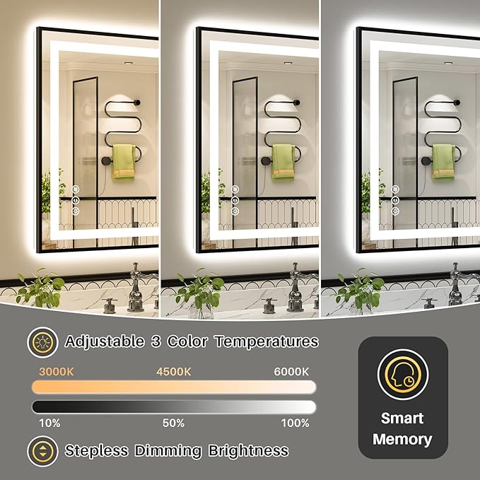 24x32 Inch LED Bathroom Mirror with Black Frame, Backlit & Front Lit, Anti-Fog Lighted Bathroom Vanity Mirror for Wall, Memory Function, Dimmable, HD Tempered Glass, Shatter-Proof