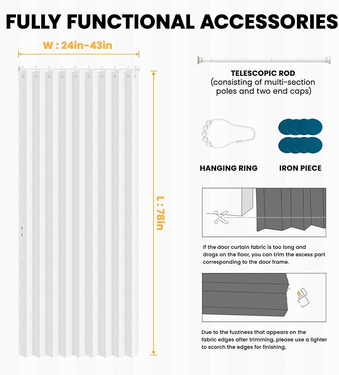 AJAZZ Set: Curtain Rods No Drilling (28-39" W Adjustable Range) & Accordion Door Curtain, White 42W×78" L, Accordion Doors for Closet Doorway Room Divider