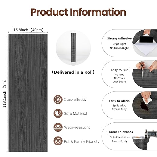 Peel and Stick Floor Tile-Wood Vinyl Flooring Roll Waterproof for Kitchen and Bathroom-15.8" x 118.1" Self Adhesive Laminate Flooring Stickers Cover 12.9 sq.ft