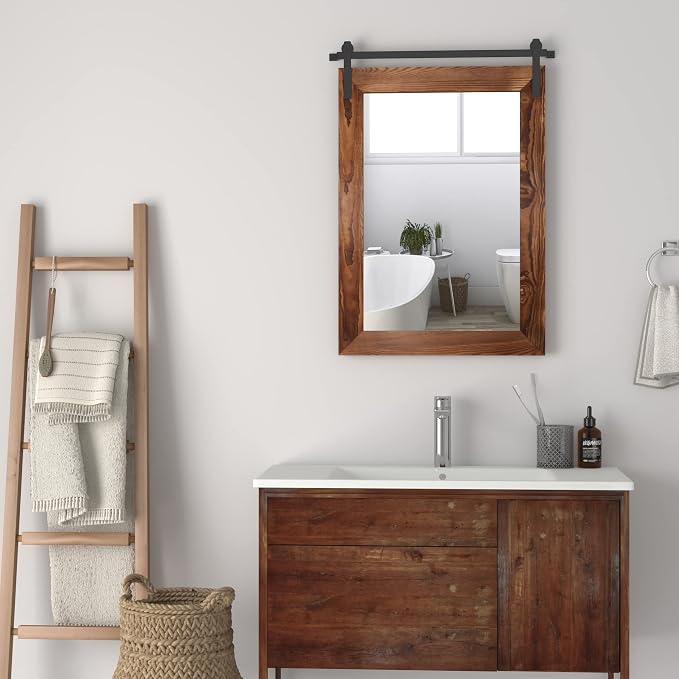 COGOOD Bathroom Mirrors for Over Sink - 26" X 17" Farmhouse Barn Door Wall Mirror for Bathroom, Living Room, Entryway Wall Decorative Brown