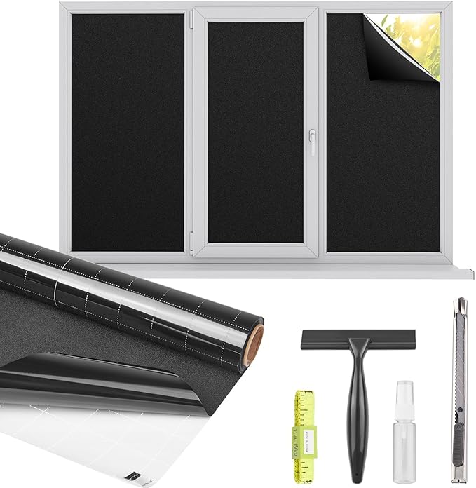 Kromapolis Blackout Window Privacy Film Total Light Blocking Room Darkening Window Covering, Removable Static Cling Frosted Glass Tint, Non-Adhesive, Black 35.4'' x 157.4''