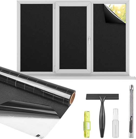 Kromapolis Blackout Window Privacy Film Total Light Blocking Room Darkening Window Covering, Removable Static Cling Frosted Glass Tint, Non-Adhesive, Black 35.4'' x 78.7''