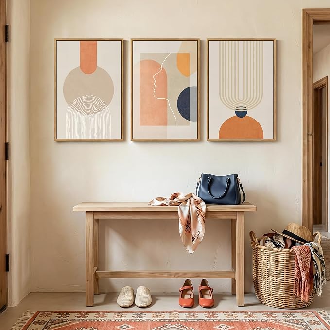 3 Piece Framed Abstract Boho Canvas Wall Art for Living Room, Large Mid Century Modern Geometric Line Prints Paintings, Neutral Minimalist Beige Orange Artwork Decor for Bedroom Entryway, 16x24 Inch