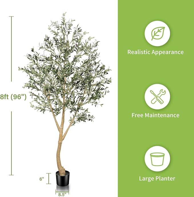 Realead 8ft Faux Olive Tree, Large Realistic Olive Trees Artificial Indoor, Tall Fake Olive Tree with Natural Wood Trunk and Lifelike Fruits for Home Office Decor
