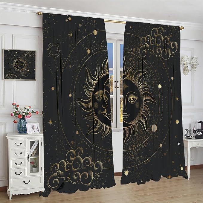 Sun Moon Blackout Curtains, Abstract Golden Stars Mystic Celestial Universe Starry Sky Boho Art Vintage Retro Window Drapes, for Bedroom Living Room 52" W X 84" L