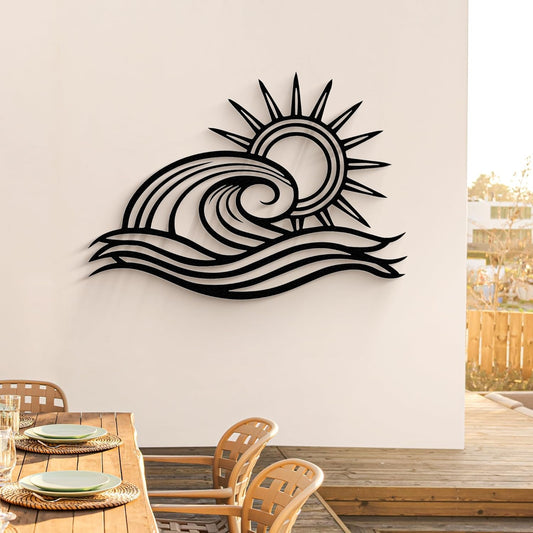 Wita Home Ocean Wave Metal Wall Art, Sun Beach Decor, Coastal Large Wall Sculpture for Home, Indoor/Outdoor Use, Nautical Wall Hanging, Eye-Catching Addition to Living Room (Black, 32 x 19 inches)