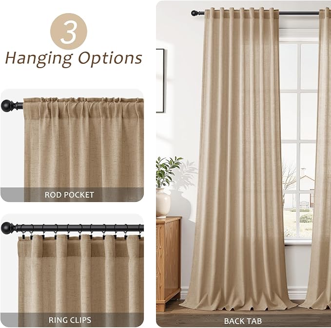Aersas Sand Beige Linen Curtains 108 Inches Length for Living Room Flax Texture Wave Fabric Semi Sheer with Rod Pocket Back Tab for Bedroom Balcony Light Filtering Neutral Home Decor 52x108