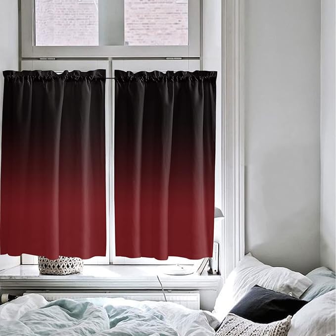 54 Inch Long Tier Curtains for Kitchen, Black Red Gradient Bathroom Window Curtains Rod Pocket Short Curtains Window Treatment Tiers for Living Room Farmhouse 2 Panels