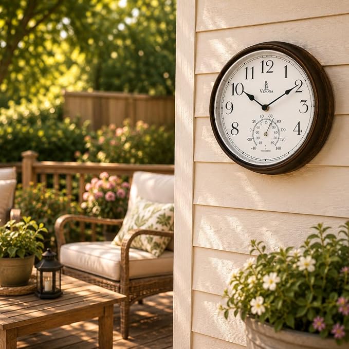 Outdoor Clocks for Patio Waterproof with Thermometer — 9.5 Inch Indoor Outdoor Wall Clock with Temperature Display — Weatherproof, Accurate & Easy to Read for Pool, Garden & Home Decor