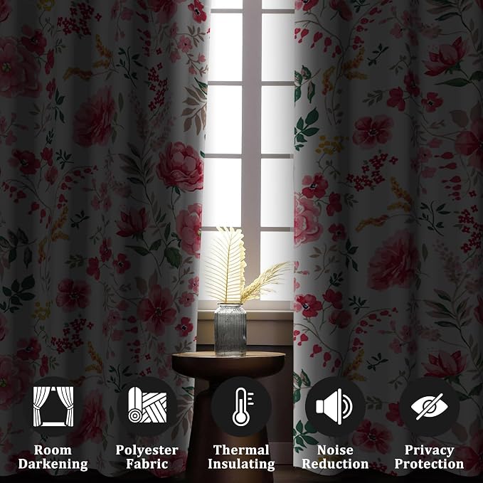 Renaiss Pink Rose Floral Curtains Red Peony Flowers Blackout Window Curtains for Bedroom Thermal Insulated Living Room Window Drapes 53W x 96L Inches 2 Panel Set, Grommet Top