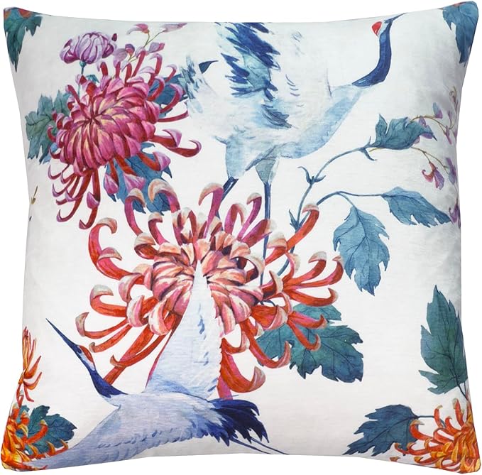 Decorative Throw Pillow Set of 4, 18" x 18" Colorful Blue Floral Accent Pillow Covers, Velvet Crane