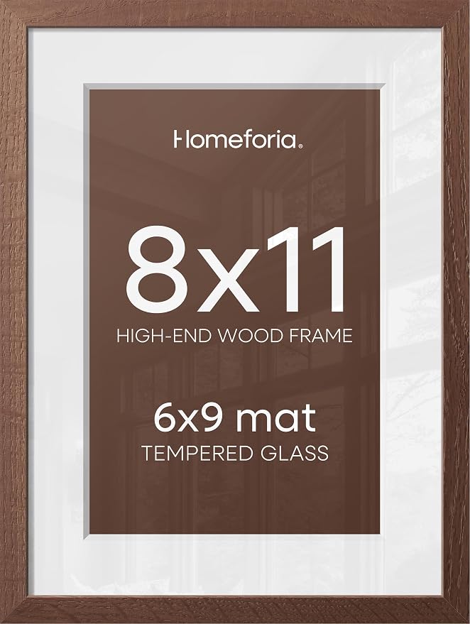 Homeforia 11x8 Picture Frame Brown, High End Dark Oak 8x11 Walnut Wooden Frames with Mat 6x9 Photo, 8 x 11 Wood Frame Matted to 6 by 9 Print, Wall or Tabletop Frame, Tempered Glass, Wall Kit, Set of 2