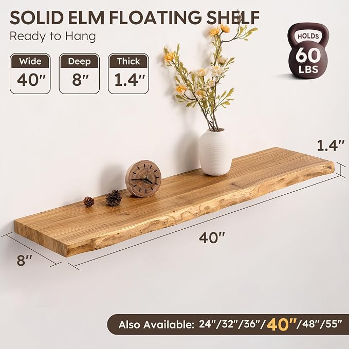 Live Edge Floating Shelf, 40 Inch Rustic Solid Elm Wood - Natural Wood Tone with Invisible Brackets, Wall Mounted for Living Room, Kitchen, Bathroom